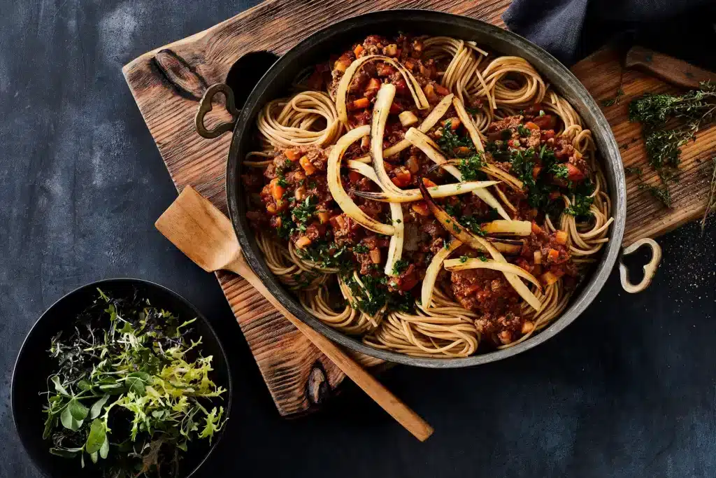 Spaghetti bolognese med rodfrugter